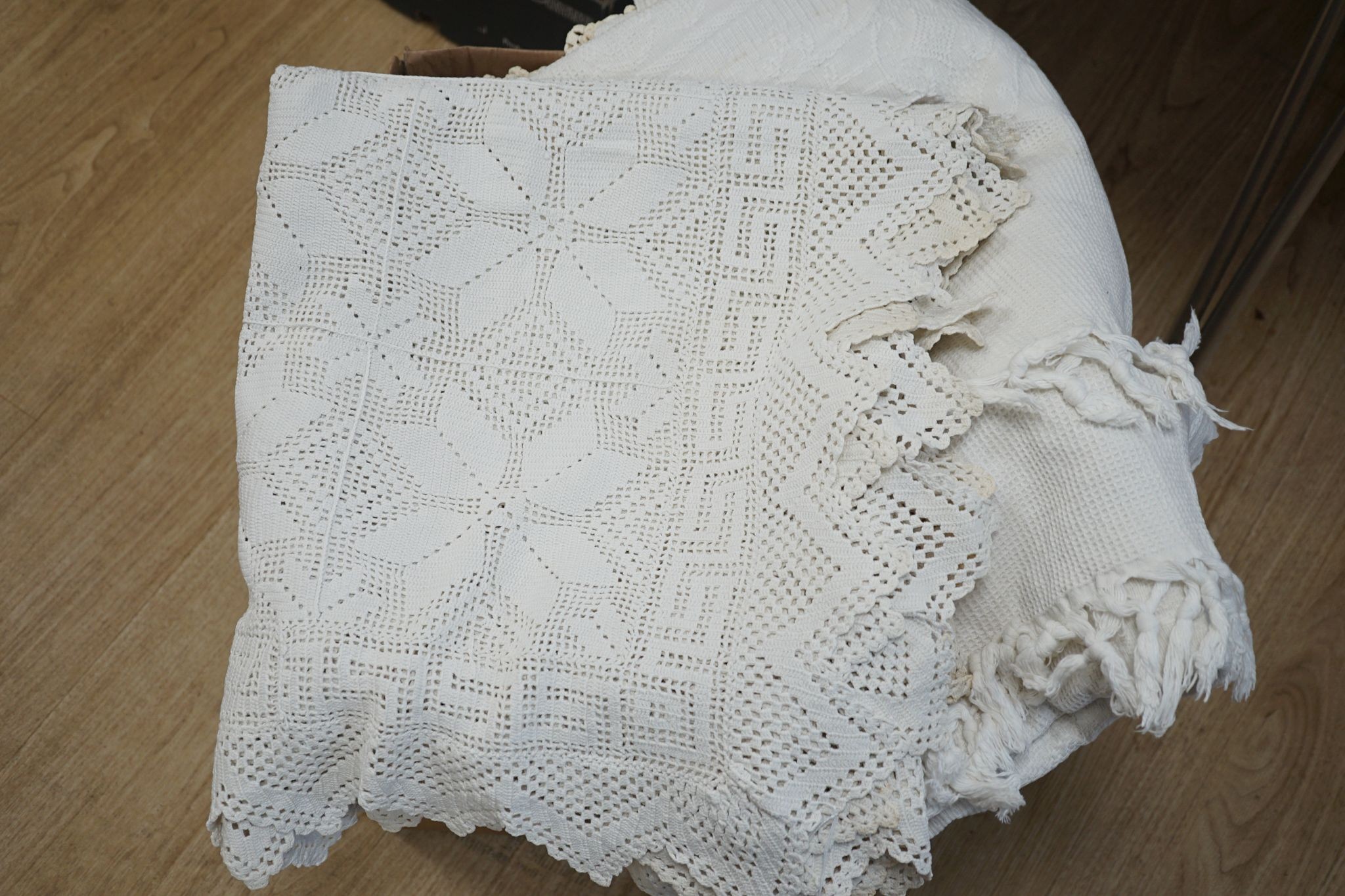 A collection of six various French provincial crochet bed spreads